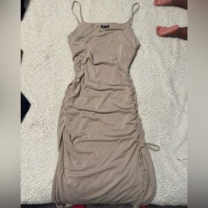 Express Beige Ruched Midi Dress